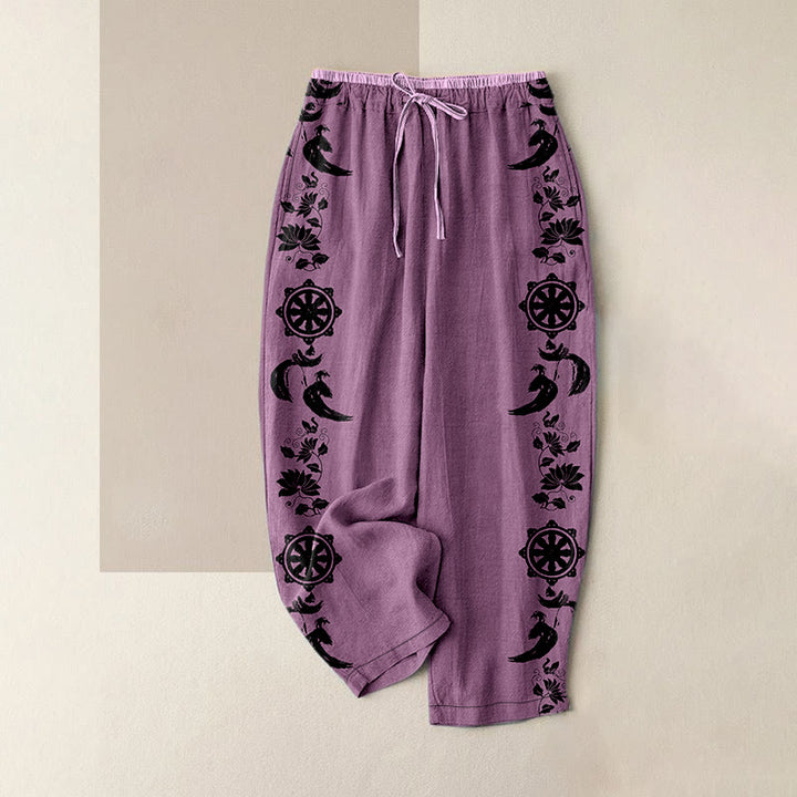 Buddha Stones Cotton Casual Dharma Wheel Lotus OM Pattern Women's Elastic Waist Pants With Pockets - Plum - US16，UK/AU20，EU48 (3XL) - image 5