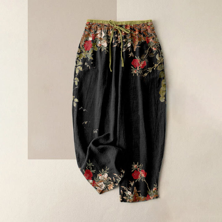 Buddha Stones Cotton Casual Red Peony Flower Vine Design Women's Elastic Waist Pants With Pockets - Black - US16，UK/AU20，EU48 (3XL) - image 0