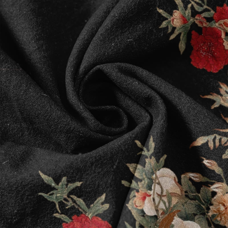 Buddha Stones Cotton Casual Red Peony Flower Vine Design Women's Elastic Waist Pants With Pockets - image 3