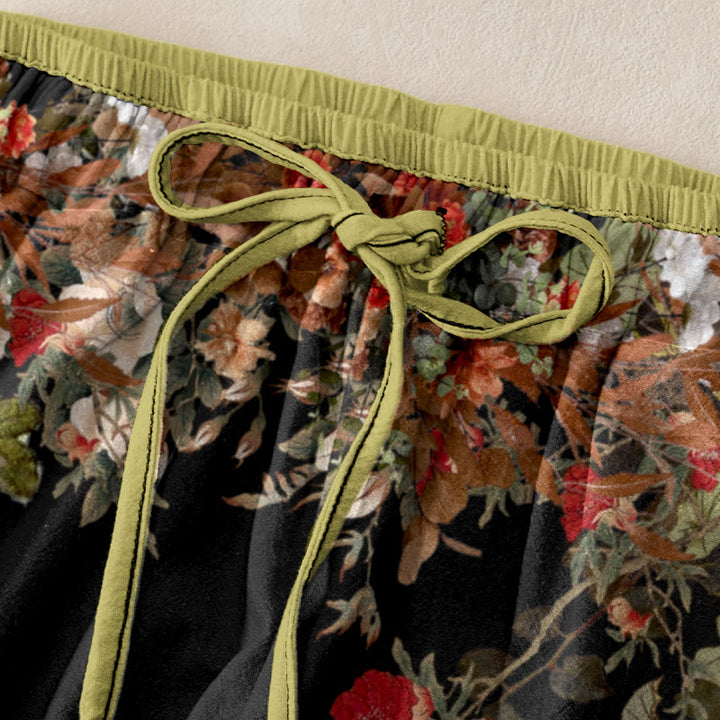 Buddha Stones Cotton Casual Red Peony Flower Vine Design Women's Elastic Waist Pants With Pockets - image 1