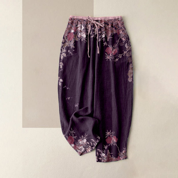 Buddha Stones Cotton Casual Red Peony Flower Vine Design Women's Elastic Waist Pants With Pockets - Purple - US16，UK/AU20，EU48 (3XL) - image 5