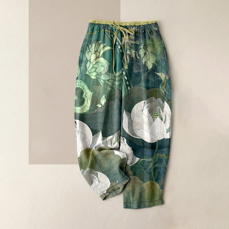 Buddha Stones Cotton Casual White Lotus Leaves Pattern Women's Elastic Waist Pants With Pockets - SeaGreen - US16，UK/AU20，EU48 (3XL) - image 0