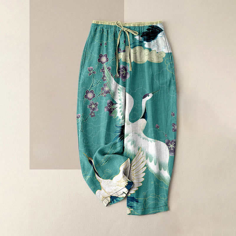 Buddha Stones Cotton Casual Cranes Flowers Auspicious Clouds Pattern Women's Elastic Waist Pants With Pockets - Turquoise - US16，UK/AU20，EU48 (3XL) - image 5