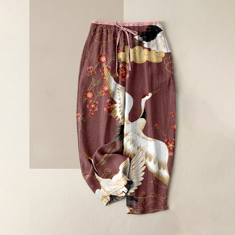Buddha Stones Cotton Casual Cranes Flowers Auspicious Clouds Pattern Women's Elastic Waist Pants With Pockets - LightCoral - US16，UK/AU20，EU48 (3XL) - image 4