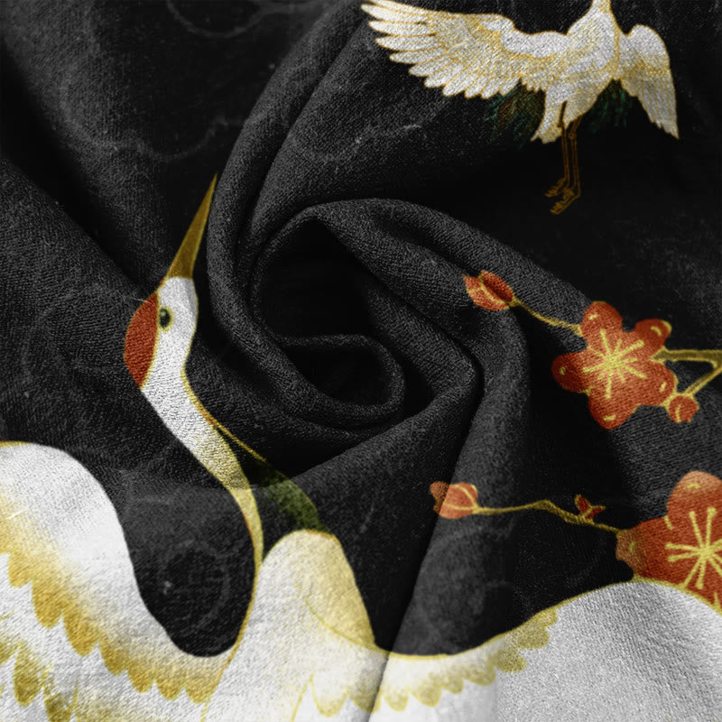 Buddha Stones Cotton Casual Cranes Flowers Auspicious Clouds Pattern Women's Elastic Waist Pants With Pockets - image 3