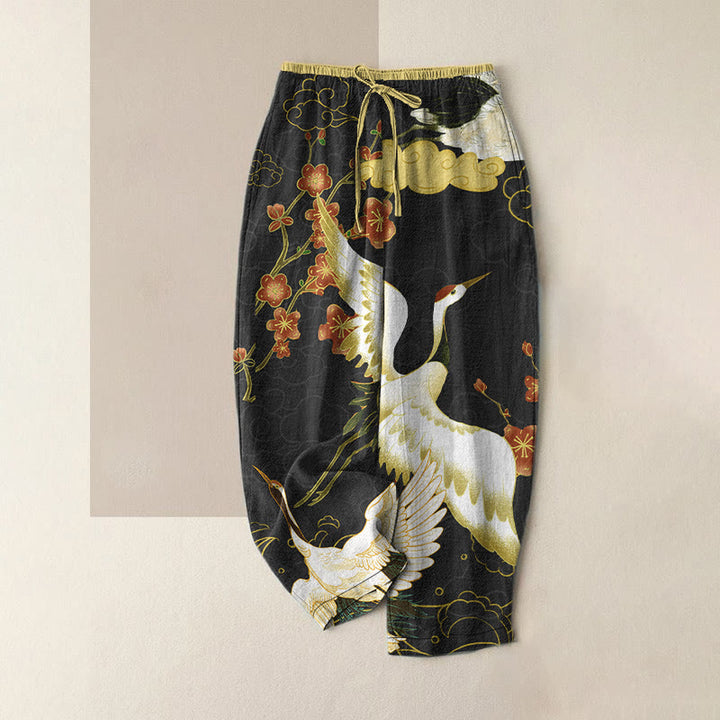Buddha Stones Cotton Casual Cranes Flowers Auspicious Clouds Pattern Women's Elastic Waist Pants With Pockets - Black - US16，UK/AU20，EU48 (3XL) - image 0
