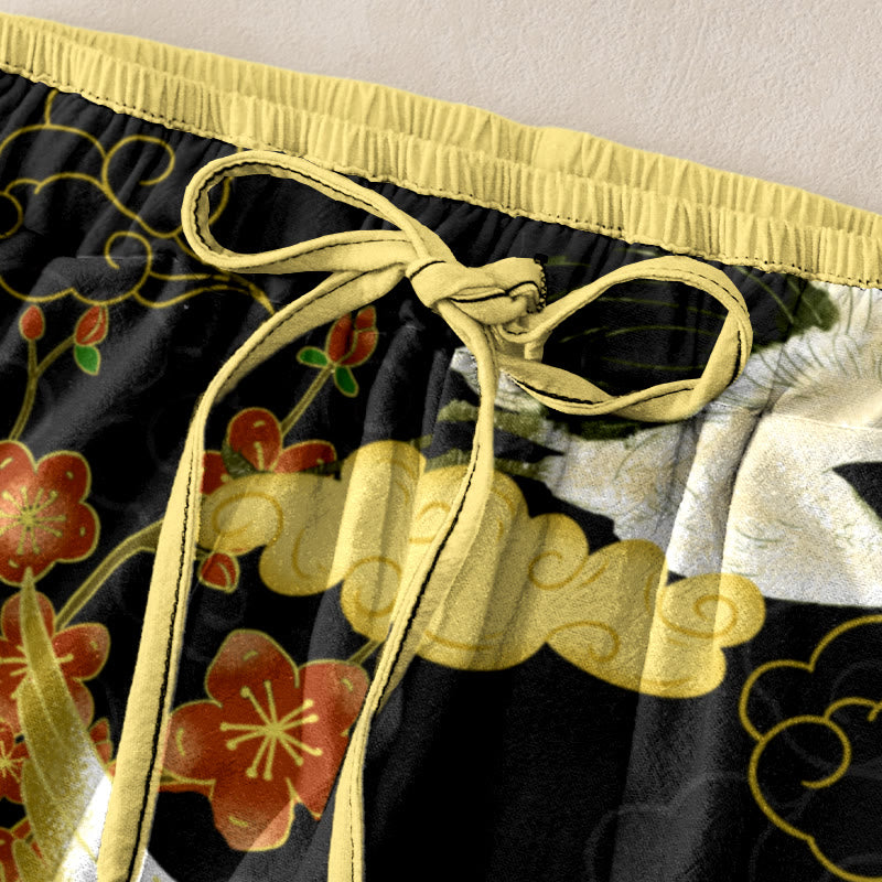 Buddha Stones Cotton Casual Cranes Flowers Auspicious Clouds Pattern Women's Elastic Waist Pants With Pockets - image 1