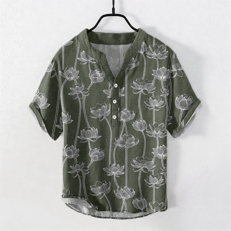 Buddha Stones Cotton Harmonious Lotus Pattern Men's Short Sleeve Half Button Shirt - DarkOliveGreen - US/UK/AU50，EU60 (5XL) - image 0