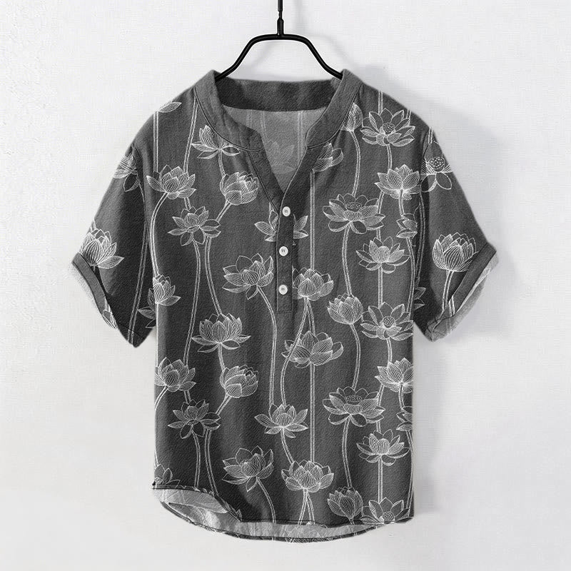 Buddha Stones Cotton Harmonious Lotus Pattern Men's Short Sleeve Half Button Shirt - Gray - US/UK/AU50，EU60 (5XL) - image 4