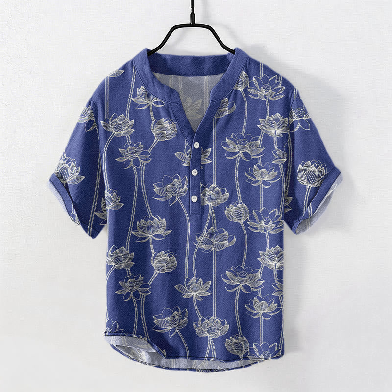 Buddha Stones Cotton Harmonious Lotus Pattern Men's Short Sleeve Half Button Shirt - DarkBlue - US/UK/AU50，EU60 (5XL) - image 6