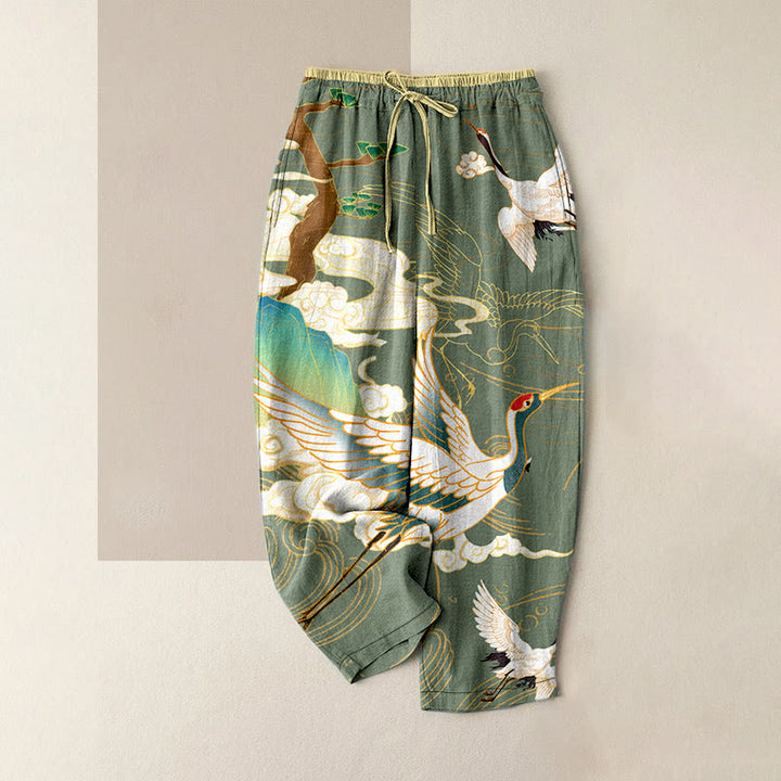 Buddha Stones Cotton Casual Flying Cranes Auspicious Clouds Tree Women's Elastic Waist Pants With Pockets - DarkSeaGreen - US16，UK/AU20，EU48 (3XL) - image 4