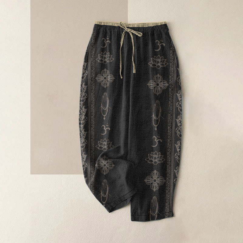 Buddha Stones Cotton Casual Lotus Flowers Double Dorje Vajra Namaste Om Design Women's Elastic Waist Pants With Pockets - Black - US16，UK/AU20，EU48 (3XL) - image 0