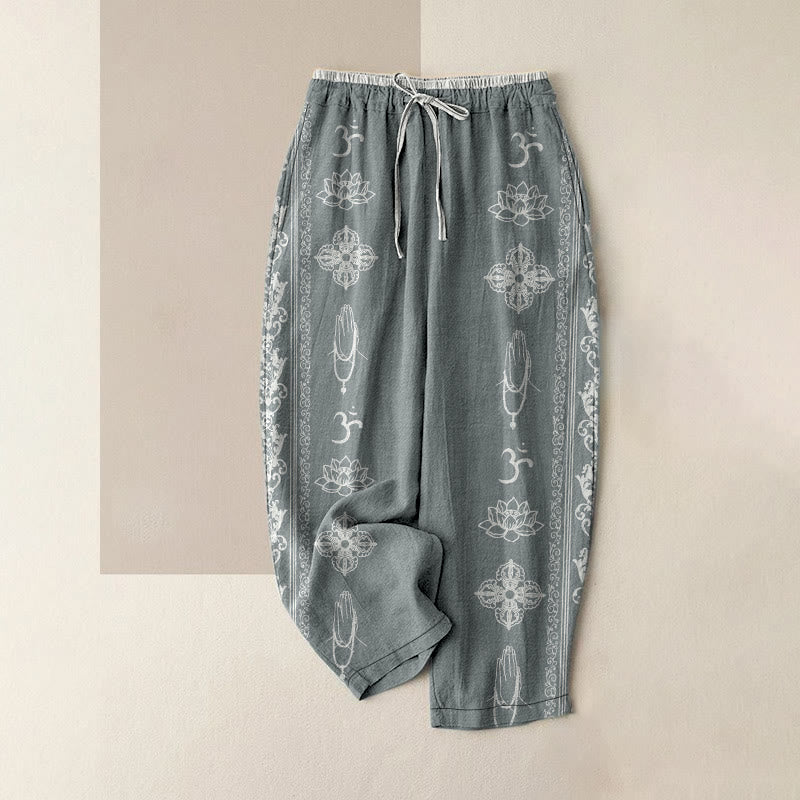 Buddha Stones Cotton Casual Lotus Flowers Double Dorje Vajra Namaste Om Design Women's Elastic Waist Pants With Pockets - CadetBlue - US16，UK/AU20，EU48 (3XL) - image 4