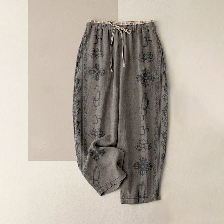 Buddha Stones Cotton Casual Lotus Flowers Double Dorje Vajra Namaste Om Design Women's Elastic Waist Pants With Pockets - DarkKhaki - US16，UK/AU20，EU48 (3XL) - image 5