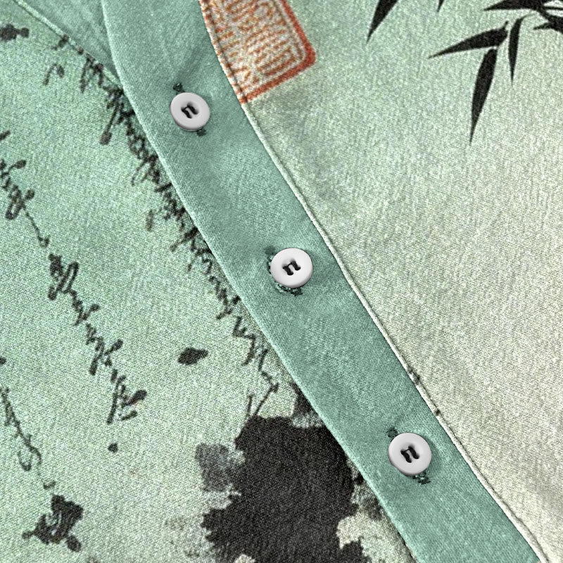 Buddha Stones Cotton Gradient Calligraphy Bamboo Ink Painting Pattern Men's Short Sleeve Half Button Shirt - image 3