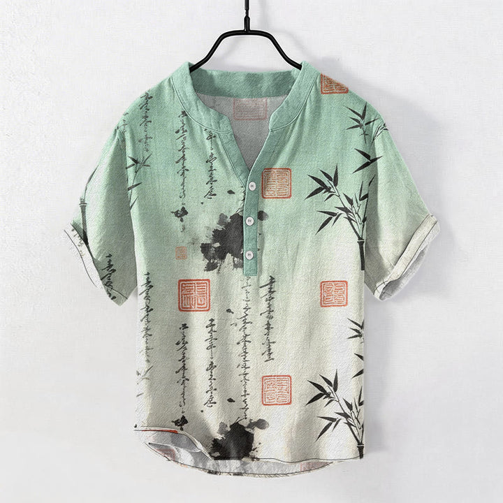 Buddha Stones Cotton Gradient Calligraphy Bamboo Ink Painting Pattern Men's Short Sleeve Half Button Shirt - Honeydew - US/UK/AU50，EU60 (5XL) - image 0