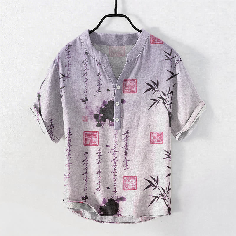 Buddha Stones Cotton Gradient Calligraphy Bamboo Ink Painting Pattern Men's Short Sleeve Half Button Shirt - MediumPurple - US/UK/AU50，EU60 (5XL) - image 6