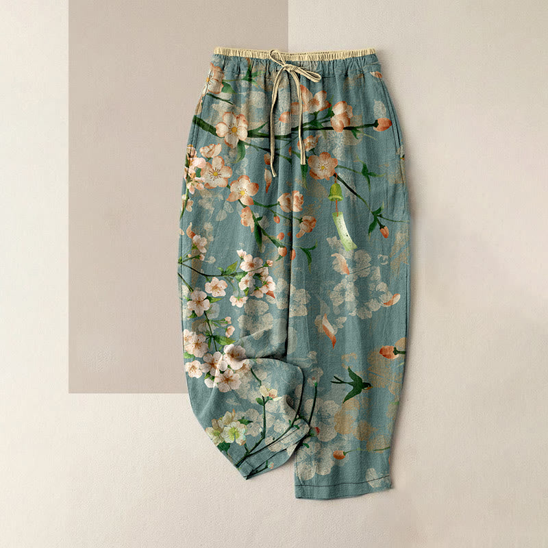 Buddha Stones Cotton Casual Peach Blossoms Flying Geese Pattern Women's Elastic Waist Pants With Pockets - MediumAquamarine - US16，UK/AU20，EU48 (3XL) - image 0