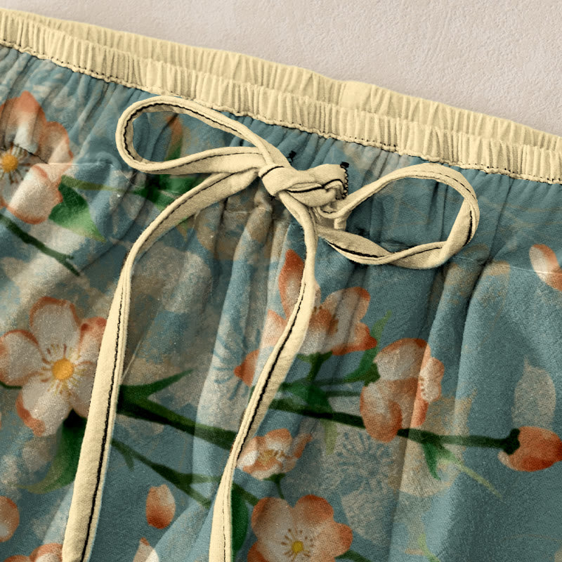 Buddha Stones Cotton Casual Peach Blossoms Flying Geese Pattern Women's Elastic Waist Pants With Pockets - image 1