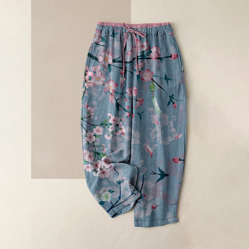 Buddha Stones Cotton Casual Peach Blossoms Flying Geese Pattern Women's Elastic Waist Pants With Pockets - CornflowerBlue - US16，UK/AU20，EU48 (3XL) - image 5