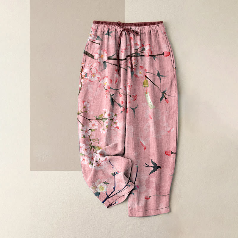 Buddha Stones Cotton Casual Peach Blossoms Flying Geese Pattern Women's Elastic Waist Pants With Pockets - Pink - US16，UK/AU20，EU48 (3XL) - image 4