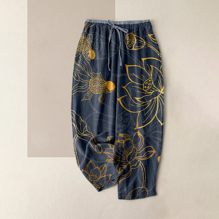 Buddha Stones Cotton Casual Lotus Leaf Koi Fish Pattern Women's Elastic Waist Pants With Pockets - DimGray - US16，UK/AU20，EU48 (3XL) - image 4