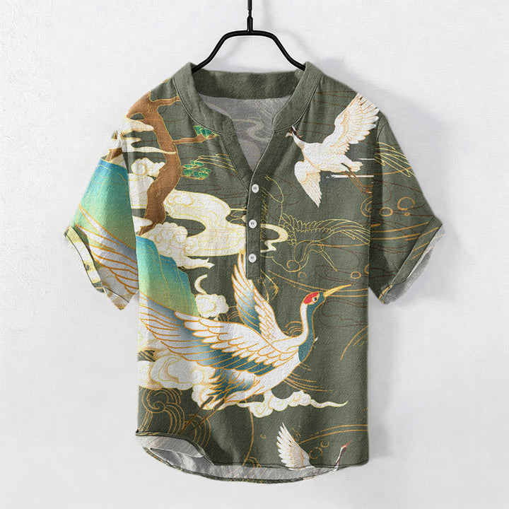 Buddha Stones Cotton Crane Auspicious Clouds Pine Pattern Men's Short Sleeve Half Button Shirt - DarkSeaGreen - US/UK/AU50，EU60 (5XL) - image 6