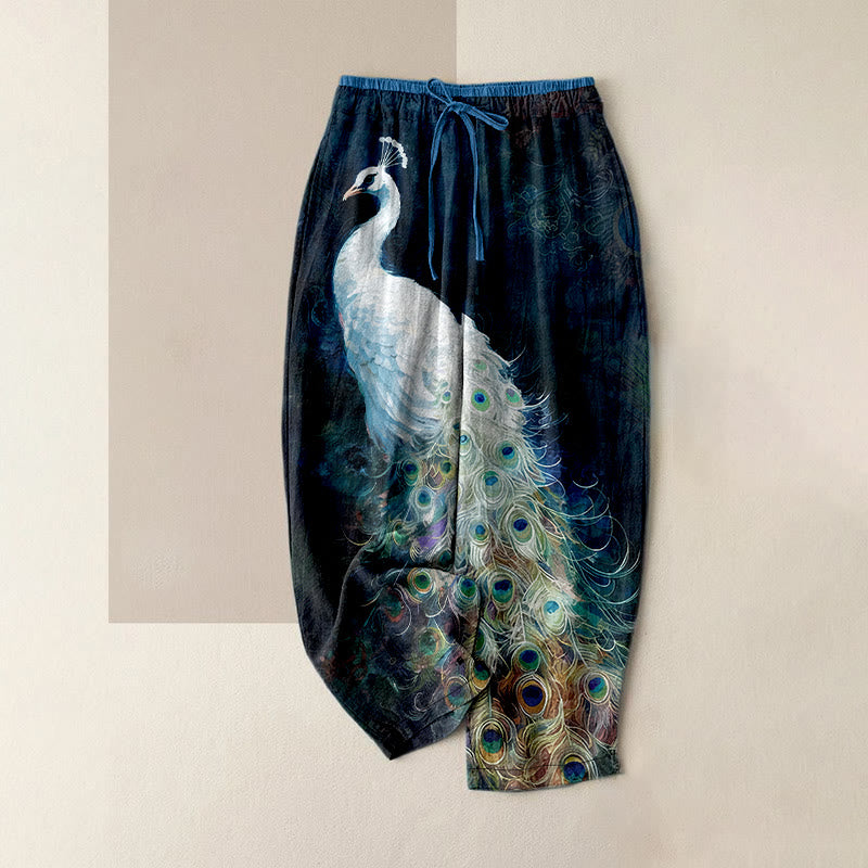 Buddha Stones Cotton Casual Gorgeous Peacock Pattern Women's Elastic Waist Pants With Pockets - MidnightBlue - US16，UK/AU20，EU48 (3XL) - image 0