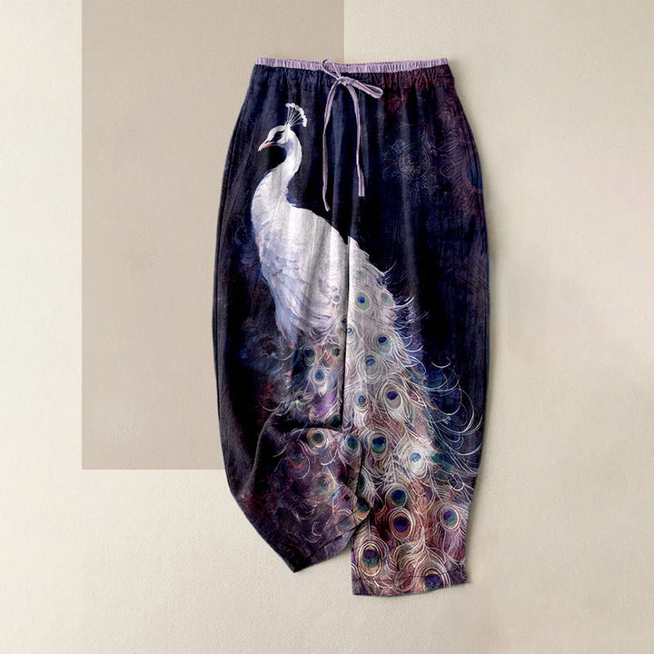 Buddha Stones Cotton Casual Gorgeous Peacock Pattern Women's Elastic Waist Pants With Pockets - Indigo - US16，UK/AU20，EU48 (3XL) - image 5