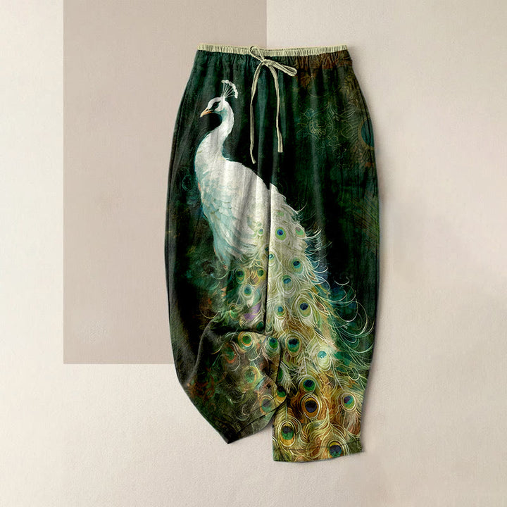 Buddha Stones Cotton Casual Gorgeous Peacock Pattern Women's Elastic Waist Pants With Pockets - DarkGreen - US16，UK/AU20，EU48 (3XL) - image 4