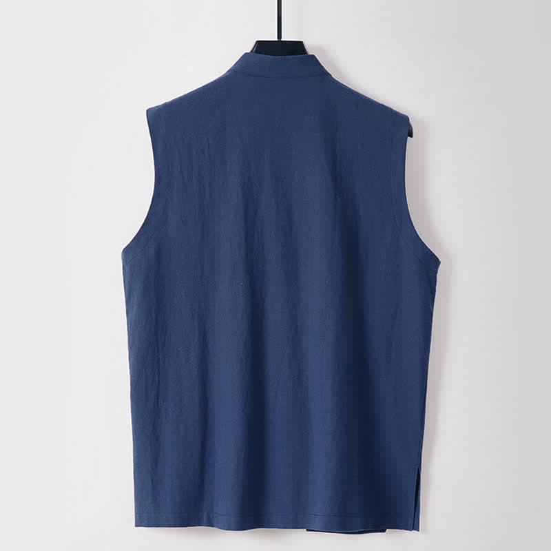Buddha Stones Summer Solid Color Stand Collar Frog-Button Men's Cotton Linen Sleeveless Vest - image 1