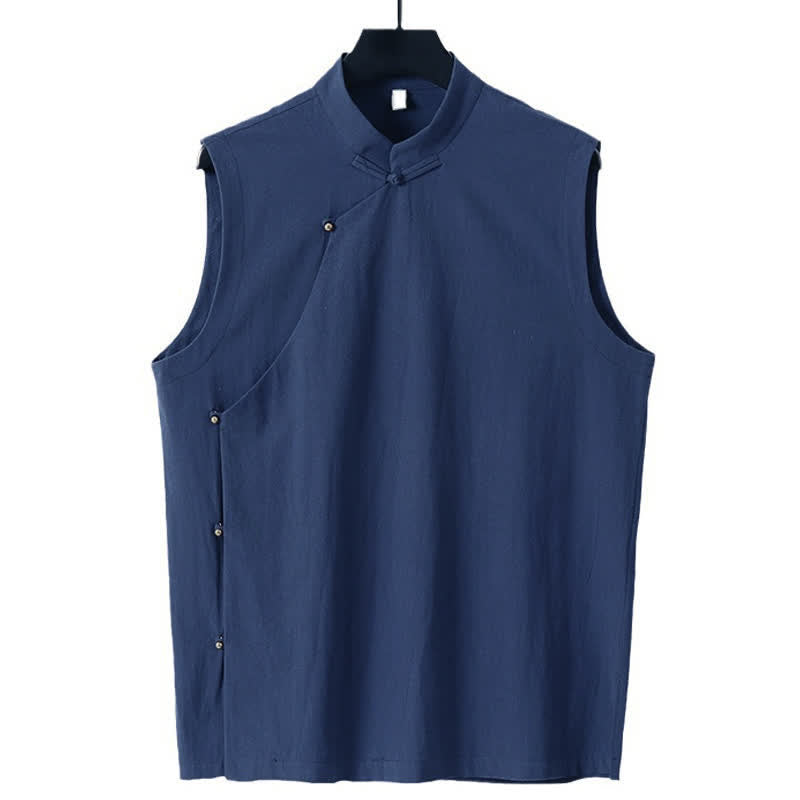 Buddha Stones Summer Solid Color Stand Collar Frog-Button Men's Cotton Linen Sleeveless Vest - image 7