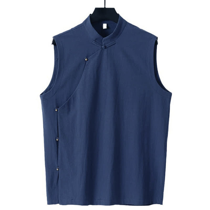 Buddha Stones Summer Solid Color Stand Collar Frog-Button Men's Cotton Linen Sleeveless Vest - image 7