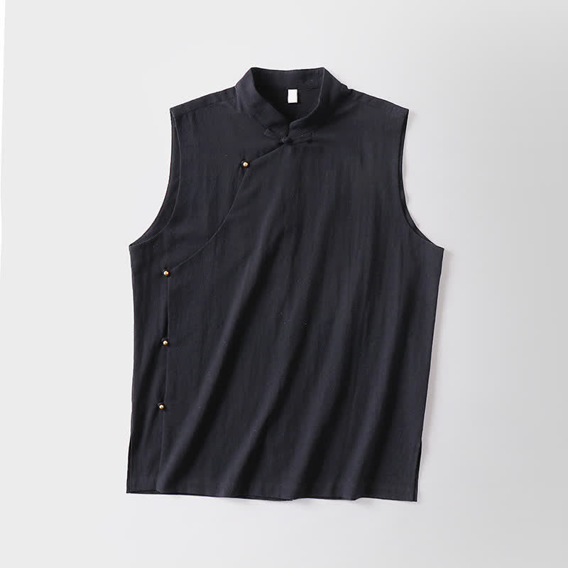Buddha Stones Summer Solid Color Stand Collar Frog-Button Men's Cotton Linen Sleeveless Vest - image 13