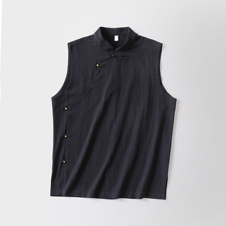 Buddha Stones Summer Solid Color Stand Collar Frog-Button Men's Cotton Linen Sleeveless Vest - image 13