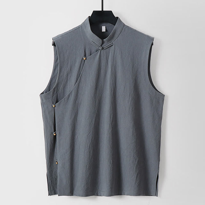 Buddha Stones Summer Solid Color Stand Collar Frog-Button Men's Cotton Linen Sleeveless Vest - LightSlateGray - US/UK/AU56，EU66(9XL) - image 10