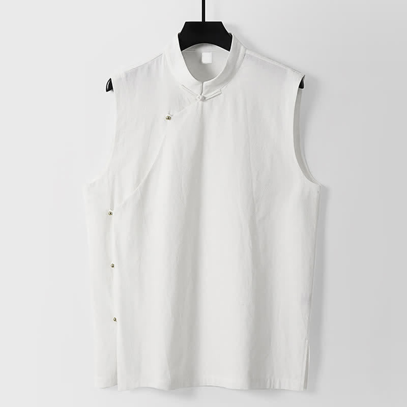 Buddha Stones Summer Solid Color Stand Collar Frog-Button Men's Cotton Linen Sleeveless Vest - White - US/UK/AU56，EU66(9XL) - image 8