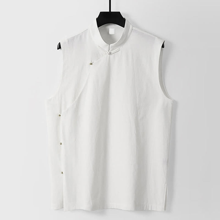 Buddha Stones Summer Solid Color Stand Collar Frog-Button Men's Cotton Linen Sleeveless Vest - White - US/UK/AU56，EU66(9XL) - image 8