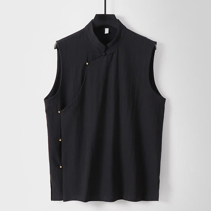 Buddha Stones Summer Solid Color Stand Collar Frog-Button Men's Cotton Linen Sleeveless Vest - Black - US/UK/AU56，EU66(9XL) - image 12