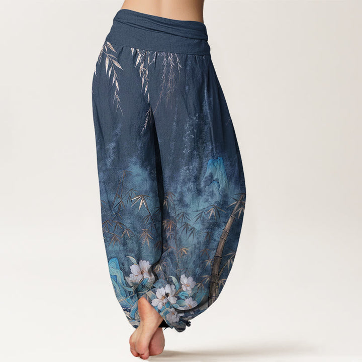 Buddha Stones Cotton Natural Landscape Bamboo Flowers Pattern Women's Elastic Waist Harem Pants - image 2