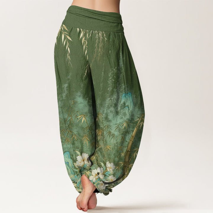 Buddha Stones Cotton Natural Landscape Bamboo Flowers Pattern Women's Elastic Waist Harem Pants - image 7