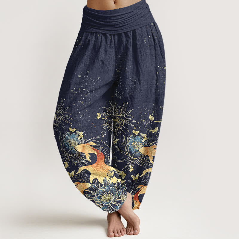Buddha Stones Cotton Butterfly Koi Fish Lotus Pattern Women's Elastic Waist Harem Pants - MidnightBlue - US16，UK/AU20，EU48 (3XL) - image 0