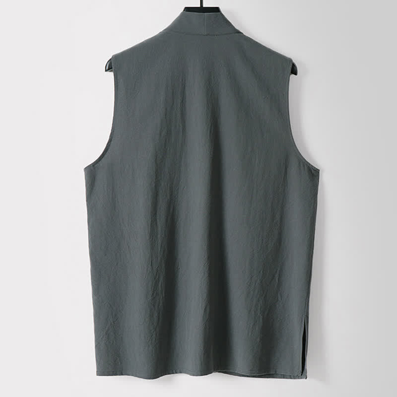 Buddha Stones Spring Pure Color Open Front Design Men's Cotton Linen Sleeveless Kimono - image 1