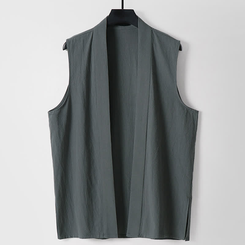 Buddha Stones Spring Pure Color Open Front Design Men's Cotton Linen Sleeveless Kimono - DimGray - US/UK/AU56，EU66(9XL) - image 0