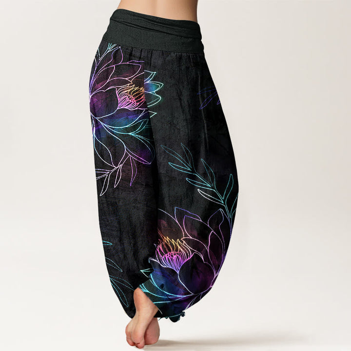 Buddha Stones Cotton Neon Lotus Branches Pattern Women's Elastic Waist Harem Pants - image 2