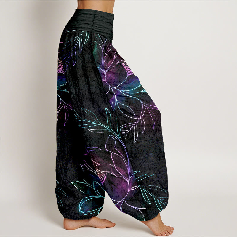 Buddha Stones Cotton Neon Lotus Branches Pattern Women's Elastic Waist Harem Pants - image 1