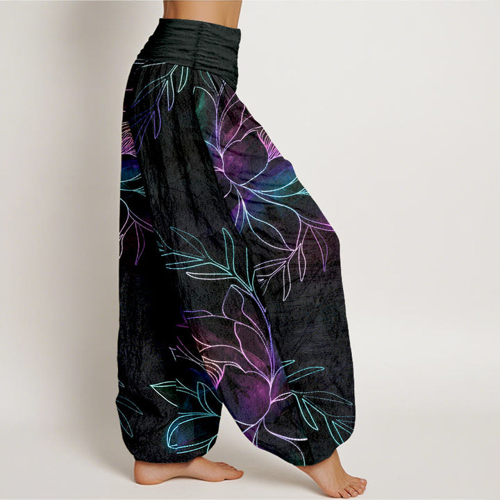 Buddha Stones Cotton Neon Lotus Branches Pattern Women's Elastic Waist Harem Pants - image 1