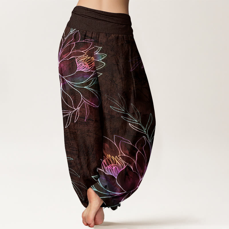 Buddha Stones Cotton Neon Lotus Branches Pattern Women's Elastic Waist Harem Pants - image 7