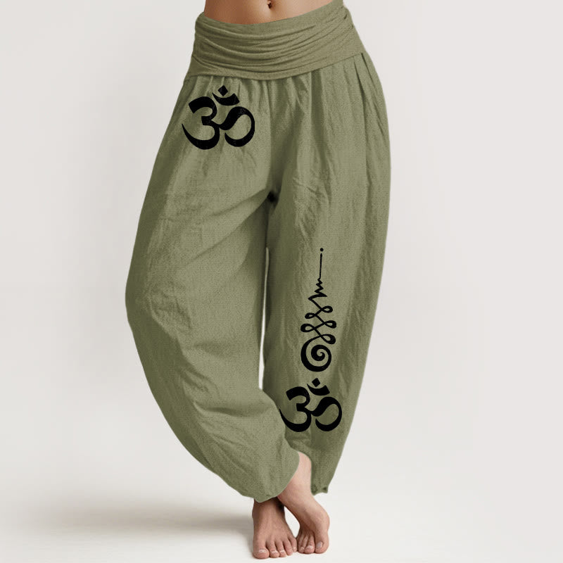 Buddha Stones Cotton Calm OM Energy Lines Pattern Women's Elastic Waist Harem Pants - OliveDrab - US16，UK/AU20，EU48 (3XL) - image 14