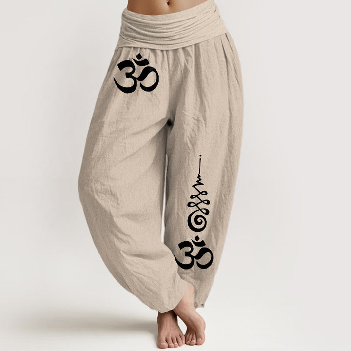 Buddha Stones Cotton Calm OM Energy Lines Pattern Women's Elastic Waist Harem Pants - Tan - US16，UK/AU20，EU48 (3XL) - image 11